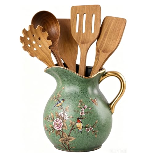 European Rustic Ceramic Kitchen Utensil Crock, 5.7″ Vintage Farmhouse Countertop Cooking Tool Holder, Decorative Spatula Spoon Organizer(Green)
