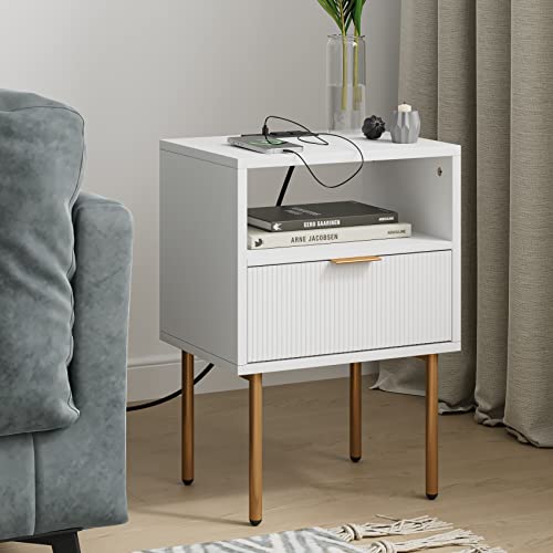 Masupu Nightstand With Charging Station,Mid-Century Modern Bedside Table With Storage Drawer And Open Wood Shelf,Small Gold Frame Side Table For Bedroom,Living Room,White #TOP5