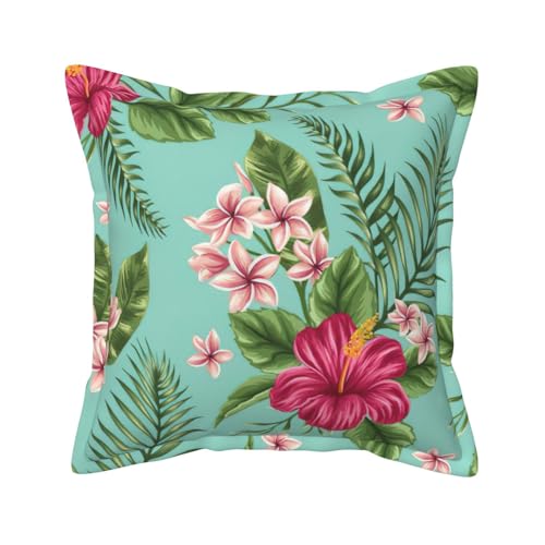 HFDERW Funda de cojín de piel con hojas tropicales hawaianas con flores y flores cosidas a mano, de piel, para sofá, cama, etc