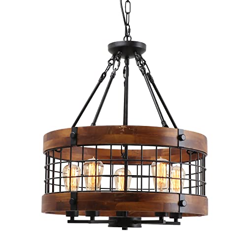Giluta Farmhouse Chandelier for Dining Room 5 Light Rustic Round Wood Metal Chandelier for Kitchen Island Entryway C0128