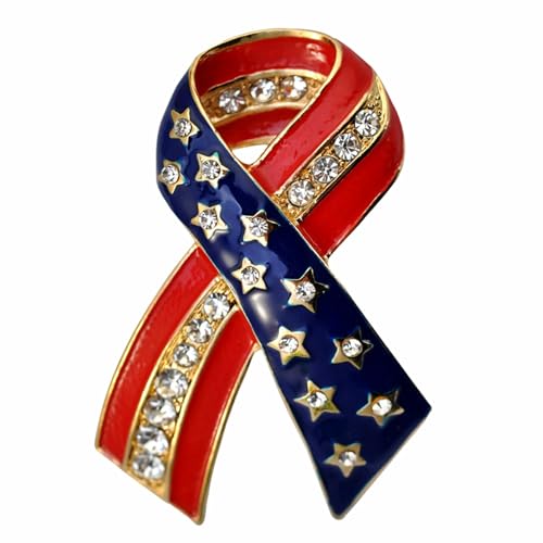 Image of Gyn&Joy Gold Tone Clear Crystal Rhinestones America USA Flag Star Ribbon Patriotic Pin Brooch