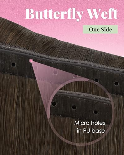 Image of YoungSee Butterfly Weft Hair Extensions Balayage OVO Weft Butterfly Hair Wefts Human Hair Walnut Brown Ombre Light Brown with Blonde PU Hole Weft Extensions Human Hair Cut into Any Size 18 Inch 100g