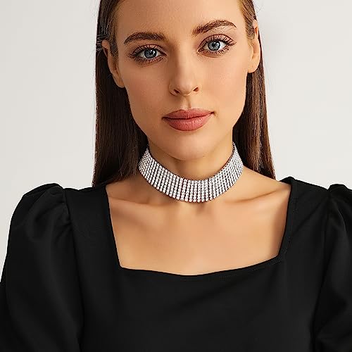 Zealmer Rhinestone Choker Necklaces Silver Sparkling Diamond Choker Crystal Rhinestone Glitter Necklace Gold Plated Jewelry Gifts for Women Bridal Wedding Bridesmaid4