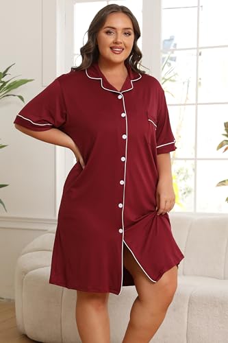 Image of Vozanet Women Button Down Nightgown Plus Size Nursing Nightshirt Boyfriend Nighty Bridal Sleepdress with Pockets XL-5XL