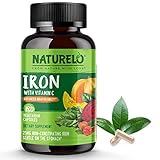 NATURELO Vegan Iron Supplement with Vitamin C and Organic Whole Foods - Gentle Iron Pills for Women & Men with Iron Deficiency Including Pregnancy, Anemia and Vegan Diets - 180 Mini Capsules