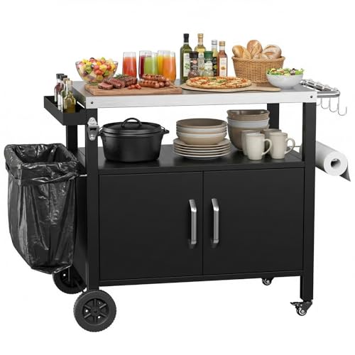 TLSUNNY Chariot de Barbecue en Acier Inoxydable, Desserte Extérieure Plancha 3 Niveaux avec Porte d'Armoire, Table de barbecue avec 4 Roulettes, pour Jardin...