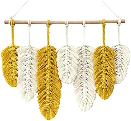 FMBK666 Macrame Wall Hanging, Handmade Leaf Feather Tapestry, Woven Boho Decor, Cotton Ornaments for Wedding Living Room Bedroom Home Decoration