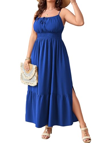 Image of SCOMCHIC Plus Size Summer Boho Dresses Spaghetti Strap Sleeveless Casual Sundress Smocked Flowy Slit Beach Maxi Dress