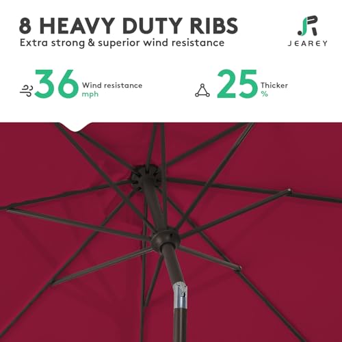 Image of JEAREY 9FT Outdoor Patio Umbrella Outdoor Table Umbrella with Push Button Tilt and Crank, Market Umbrella 8 Sturdy Ribs UV Protection Waterproof for Garden, Deck, Backyard, Pool (Brick Red)