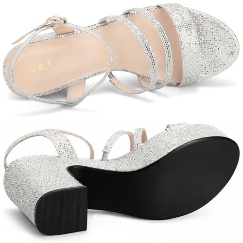 Allegra K Allegra K Women's Sparkle Strappy Platform Chunky Gold Glitter Heels Sandals 7 M US