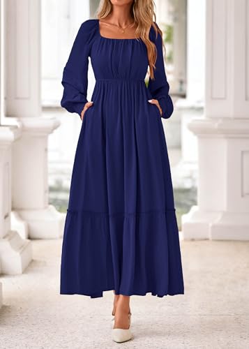KIRUNDO Casual Fall Dresses for Women 2025 Flowy Long Sleeve Maxi Dress Smocked Empire Waist Square Neck Wedding Party4