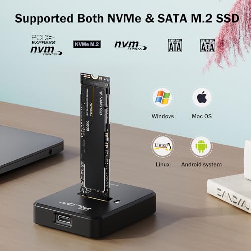 AMZPILOT Tool-Free M.2 NVMe & SATA to USB C Docking Station, 10Gbps SSD Reader Adapter for Data Rescue & External Storage, Supports M/B+M Key NVMe PCIe & SATA NGFF 2230-22110, for Laptop, PC — view 2