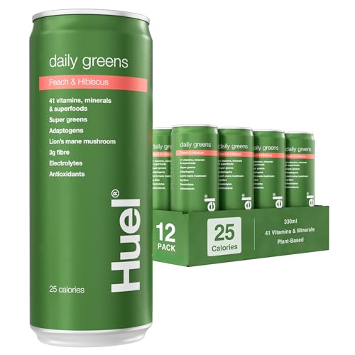 Huel Daily Greens Sparkling Drink 12 x 330ml Cans Peach & Hibiscus Flavour with Ashwagandha Root & Green Tea Extract 41 Vitamins & Minerals 3g Fibre Only 25 Calories Vegan
