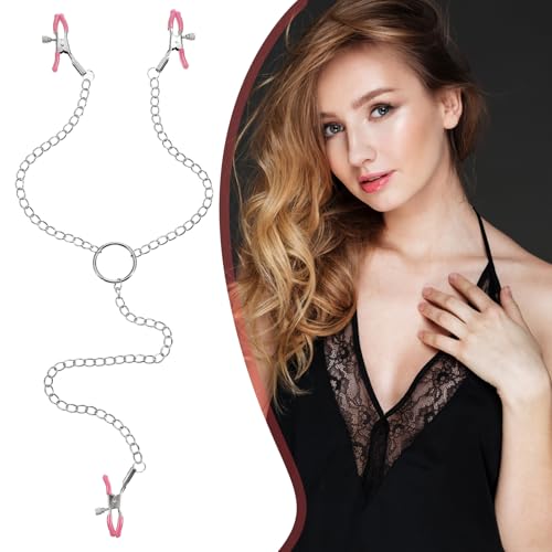 Adjustable Non Piercing Nipple Clamps Y Necklace for Women Men, Body Jewelry with Soft Silicone Pads, 3 Clips Pink4