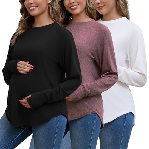 Bhome Maternity Shirts 3 Packs Long Sleeve Pregnancy Tops Loose Fit Casual Blouses with Thumb Holes,Black/Burgundy/White M
