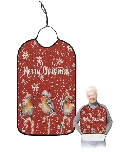 Christmas Birds Adult Bib for Eating with Crumb Catcher, Red Winter Rustic Snowflake Washable & Waterproof Terry Cloth Adjustable Elderly Women Men Adult Bibs Funny Apron Reusable Clothing Protector