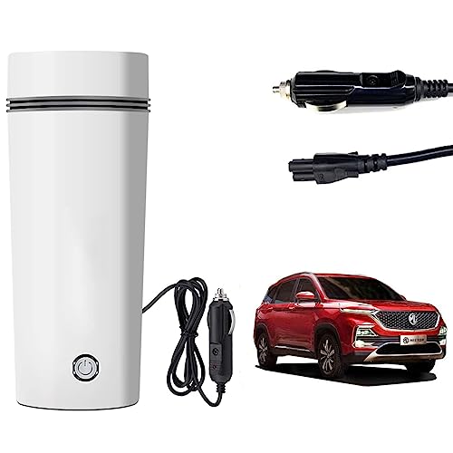 Image of Oshotto 12V Portable Electric Water Bottle for Hot Water Tea Coffee Kettle Mug Multipurpose Food Grade Fast Boil Auto Shut-off For Travel Camping, Road Trip Compatible with MG Hector (350ml) - White