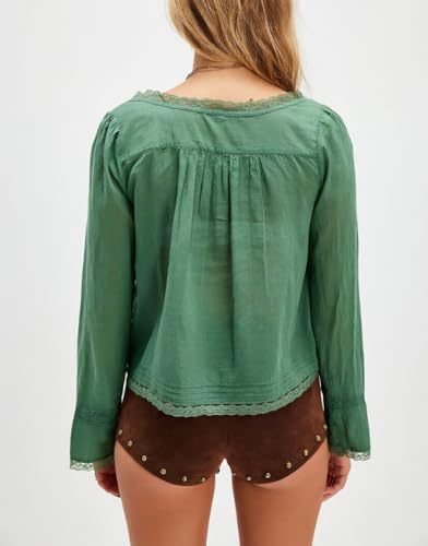 Image of Women Summer Sheer Tie Front Top Y2k Peplum Chiffon Blouse Eyelet Long Sleeve Flowy Lace Beach Cover Up Boho Tops