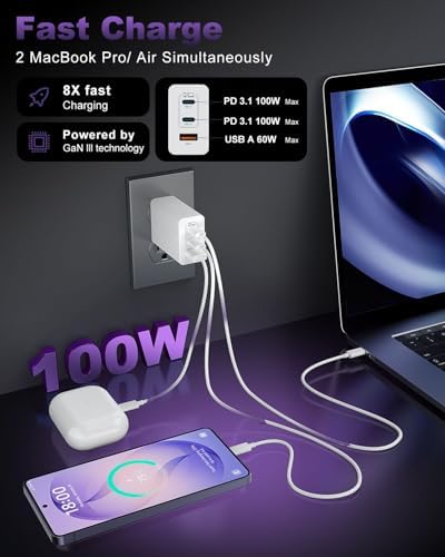 USB C Charger Block 100W, 3-Port GaN Super Fast Phone Charger for Samsung, Type C 65W Laptop Chargers with 10ft USB C Charging Cable for MacBook Pro/Air,iPad Pro, iPhone 17/16, S26 Ultra/S25[2 Pack]