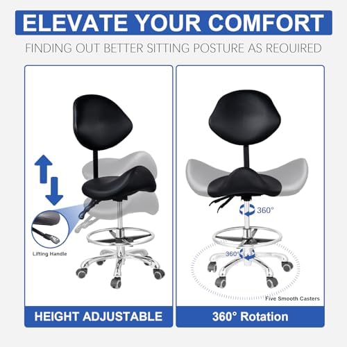 Ergonomic Saddle Stool Chair with Back Support & Footrest - Rolling Swivel Design for Dentists, Doctors, Salons, Heavy-Duty, 440lbs Capacity, Ultimate Comfort & Mobility