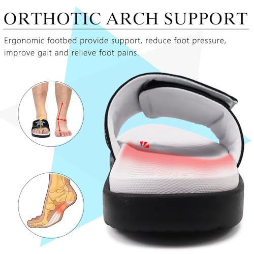 Image of KuaiLu Mens Athletic Slides Wide Adjustable Arch Support Sport Sandals | Soft Cushioned Open Toe Summer Slippers for Plantar Fasciitis Slip On House Shoes Indoor Outdoor
