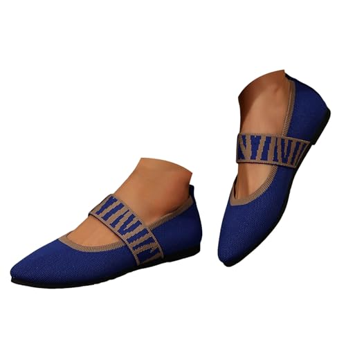 Womens Pointed Toe Flat Shoes Fashion Slip On Mesh Breathable Lightweight Casual Shoes Wide Toe Box Flats Women Knit Ballet Mary Jane Dress Dance Comfortable Walking Shoe with Strap