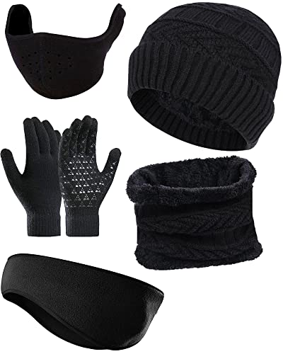 5 Pieces Ski Warm Set Includes Winter Beanie Hat Scarf Warmer Gloves Ski Face Mask Half Face Mouth Warmer Balaclava for Ski Bicycle Cycling Motorcycle Black, Medium (Black AA)