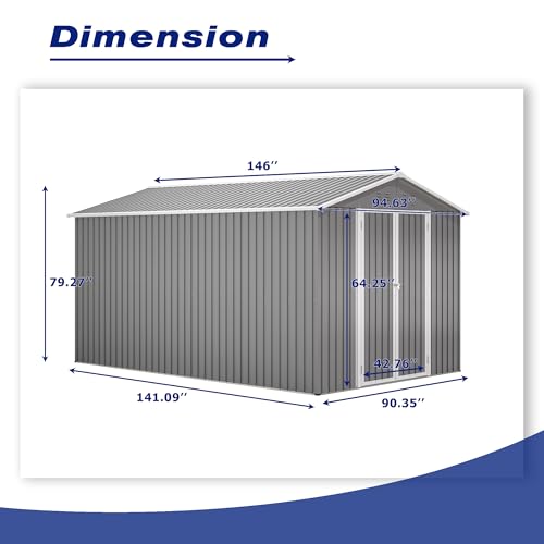 Image of YOPTO 8x12 FT Outdoor Storage Shed W /Floor Frame,Metal Shed W /Double Lockable Doors,Garden Tool House W / 2 Vents & Sloped Roof,for Backyard Patio Lawn,Gray