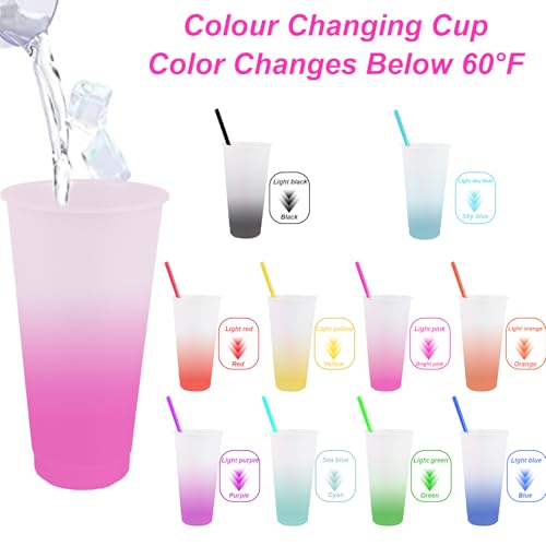 CYH 10 Pcs Reusable Plastic Tumblers with Lids & Straws - 24oz Cute Colour Changing Cups, Bulk Iced Coffee Cup Party Tumbler Set Travel Cups for Kids Adults Party Smoothie Cup Travel Mugs - Image 2