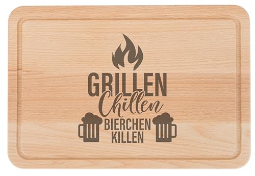 Großes Brotzeitbrett, Schneidebrett aus Buchenholz, mit Gravur 'Grillen', 30x20x1,5cm und Saftrille. Geölte Oberfläche hochwertige Lasergravur (Grillen, Chillen, Bierchen)