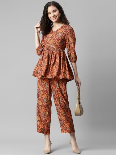 Image of DEEBACO Women's Paisley Print Rayon Top & Pants Co Ord Set For Women V Neck Long Puff Sleeve Ladies Party Casual Wear Fashionable For Girls Loose Fit Cord Set (DBCOMR00001033 XL Multicolor)