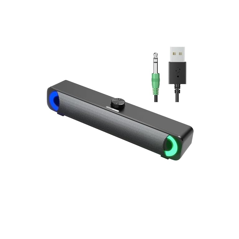 Productafbeelding van USB Computerluidspreker met RGB, Bedrade Soundbar voor Desktop en Laptop, 3,5 mm AUX, Plug and Play voor vergelijking en koopadvies