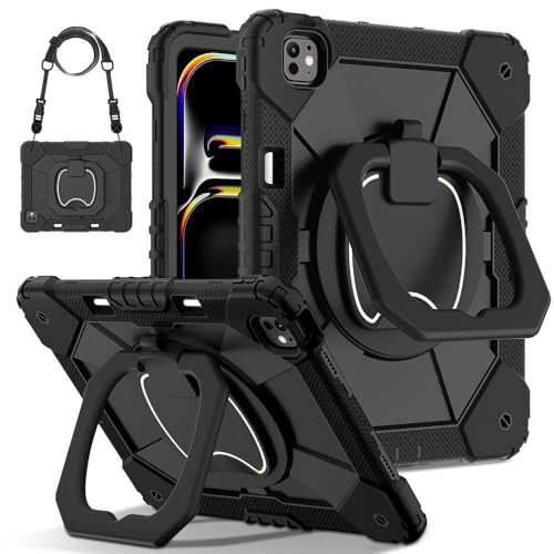Étui iPad Pro 11 M4 2024 noir coque rigide silicone avec support et bandoulière