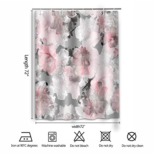Decoreagy Pink Floral Shower Curtain,Grey White Peony Flower Blossom Shower Curtains Set For Bathroom With 12 Hooks 72X72In, Big Lush Flowers Abstract Art Stall Bath Curtain,Waterproof Fabric #TOP6
