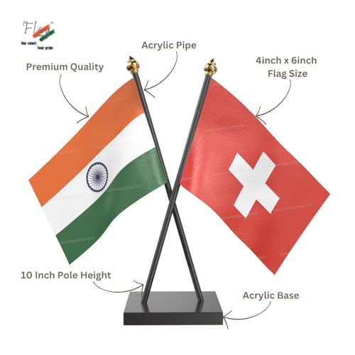 Image of The Flag Company Country Cross Table Desk Flags on Acrylic Base with Poles (Length: 10 inches) | Use for Home & Office,Conference (Switzerland)