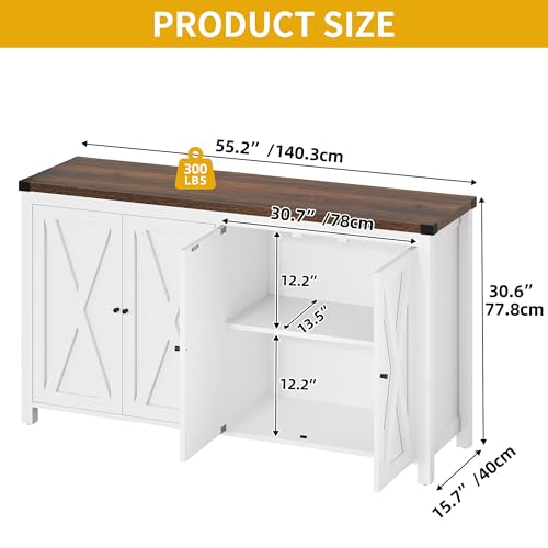 DWVO 55'' Sideboard Buffet Cabinet with Storage, Farmhouse Kitchen Storage Cabinet with 4 Doors, Coffee Bar Cabinets with Adjustable Shelves for Kitchen, Living Room, White&Brown