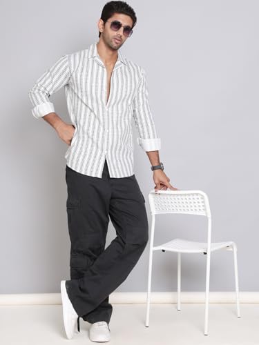Image of Indian Needle White Stripes Cotton Regular Fit Men's Casual Shirt (White, S)