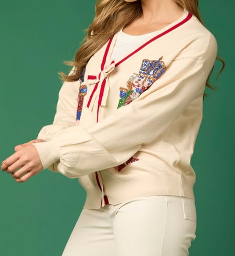 Image of Women Sequin Nutcracker Cardigan Funny Bow Tie Ugly Christmas Sweater Cute Open Front Knitted Long Sleeve Party Top Beige