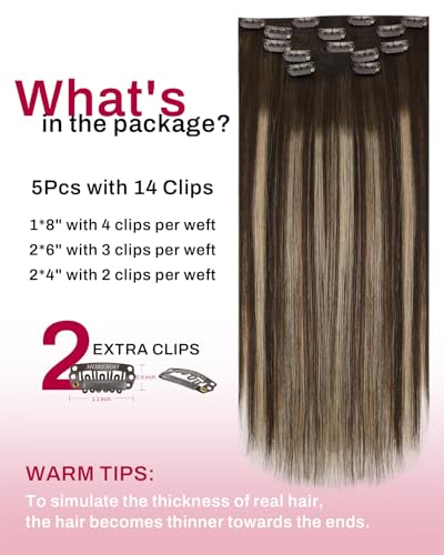 Image of Moresoo Clip in Hair Extensions Brown Blonde Balayage Short 12 inch 80g | Real human hair clip ins, caramel brunette balayage, 5pcs, reusable clip-in wear for soft short color dimension
