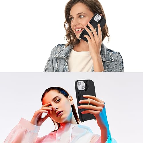 Image of for iPhone 13 Mini Case with Card Holder and Strap for Women,Crossbody Lanyard,Kickstand Ring Stand,Snap Clasp,RFID Blocking,Phone Wallet Cases 5.4 inch(Black)