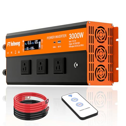 Image of 3000W Power Inverter, 12v DC to 120v Ac Inverter, Power Inverters for Vehicles with LCD Display, 3AC Sockets and USB-C & QC 3.0 Port with Remote Control for Camping Home Truck Rv Solar System