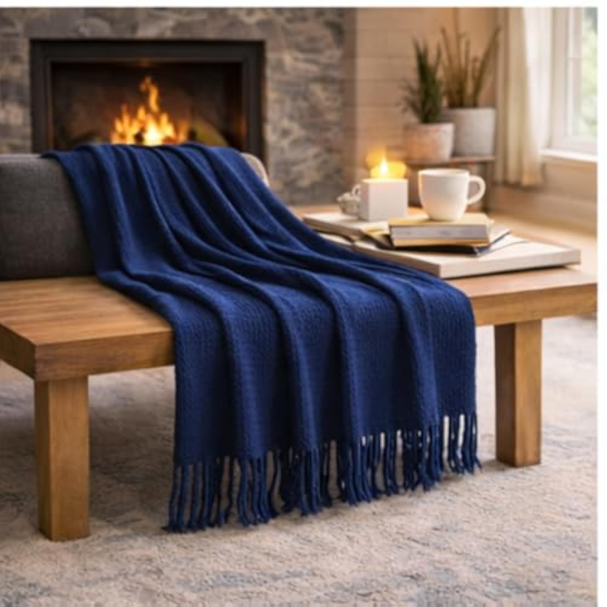 Soft Blue Waffle Weave Cotton Throw Blanket with Tassels