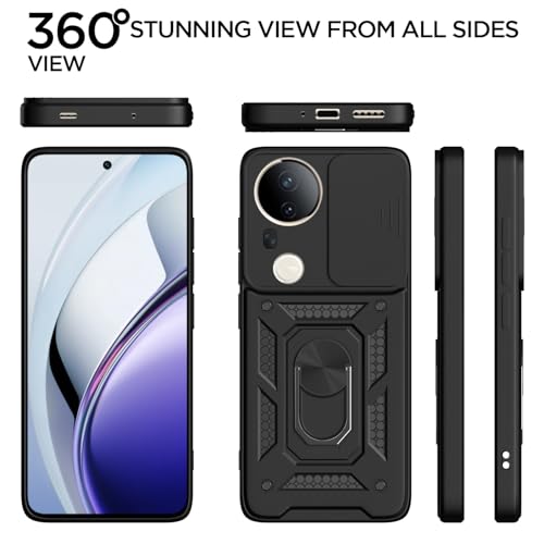 Image of Pikkme Back Cover for Vivo T4 Ultra 5G | D10 Tough Armor | 360 Protection Case | Sliding Camera Shield Cover & Ring Holder Stand Bumper Case (Black)