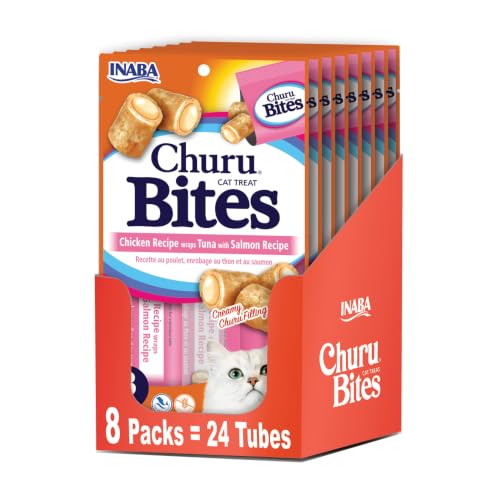 INABA Churu Bites for Cats Soft/Chewy Baked Chicken Wrapped Churu Filled Cat Treats with Vitamin E 0.35 Ounces per Tube 24 Tubes Total (3 Tubes per Pack) Tuna with Salmon Recipe