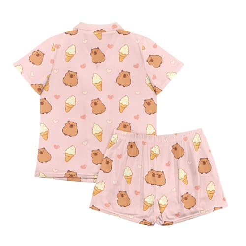 Image of Women's Short Sleeve Sleepwear Button 2 Piece Plus Size Pajamas Casual Soft Stretchy Funny Nightwear with Pockets