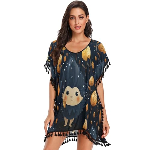 Forest Cute Animal Hedgehog Women's Beach Cover Up Chiffon Tassel Swimwear Swimsuit Coverups for Girl