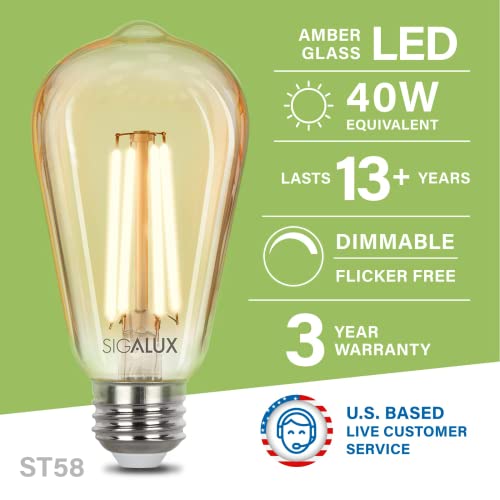 Sigalux Edison Bulbs, E26 Led Bulb St19 Filament Amber Dimmable Vintage Light Bulbs 40 Watt Equivalent, 400Lm 2700K Soft White Soft White 15, 000Hrs Cri90 E26 8Pack #TOP1