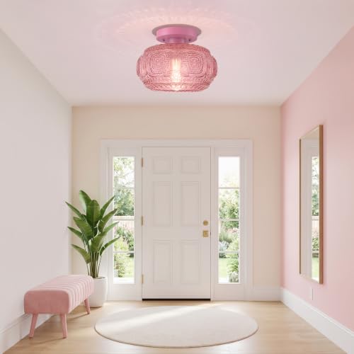 Image of Globe Glass Semi Flush Mount Ceiling Light Fixture, Pink
