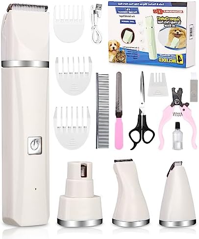 Dog Clipper, Quiet Dog Cat Clippers with 4 Multifunctional, Rechargeable Paw Trimmer, Pruning Set, for Body, Face, Paws, Eyes, Ears (White)