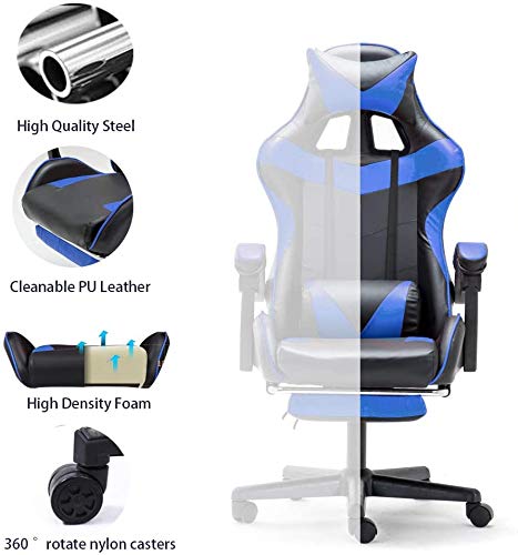 FERGHANA Racing Style PC Computer Chair,Gaming Chair, E-Sports Chair,Ergonomic Office Chair with Height Adjustment,Retractable Footrest,Headrest and Lumbar Support(Storm Blue)